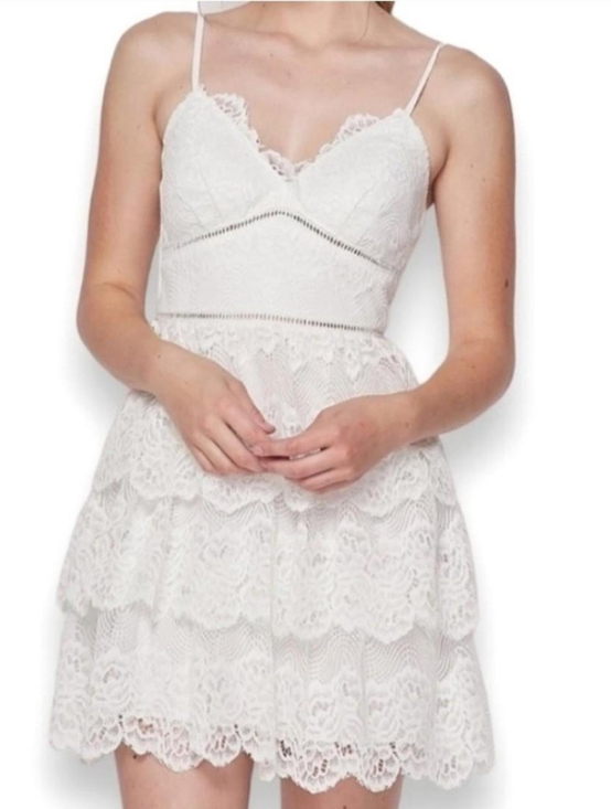 Teeze Me Dresses & Skirts - White Teeze Me Junior Womens Ladder Trim Tiered Floral Lace Fit Flare Dress 1/2